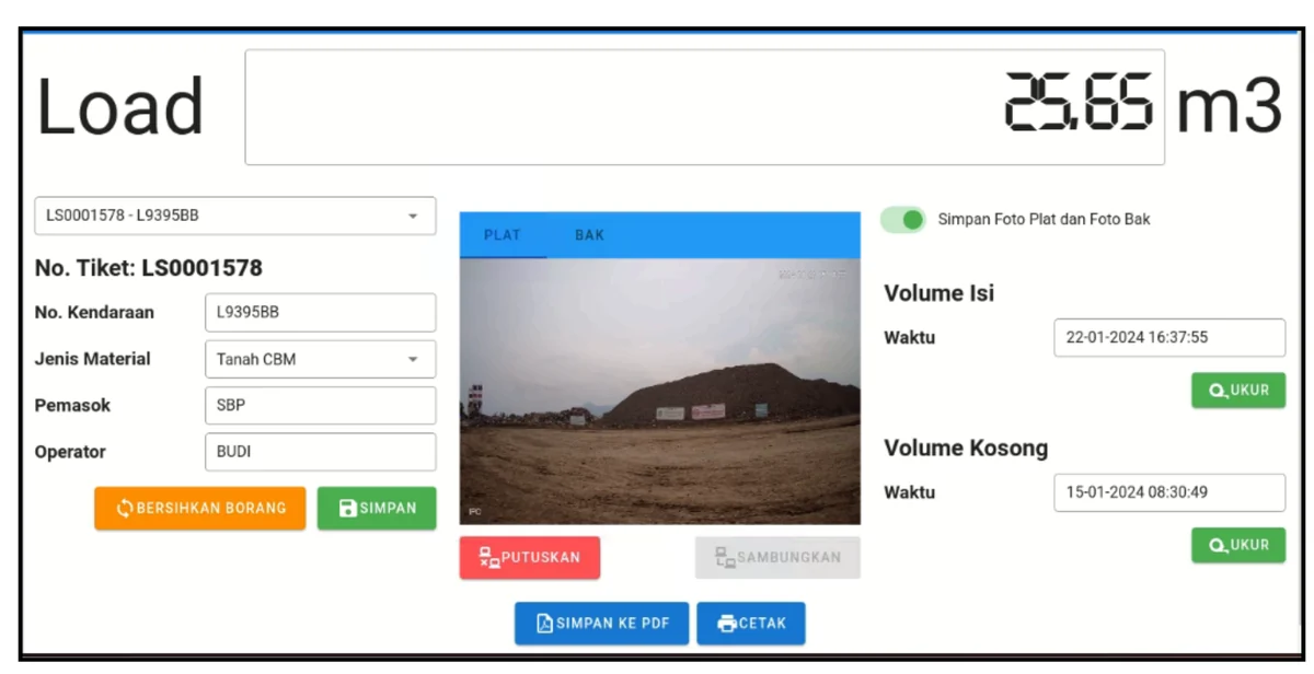 Tampilan software VOLSCAN menghitung volume bersih